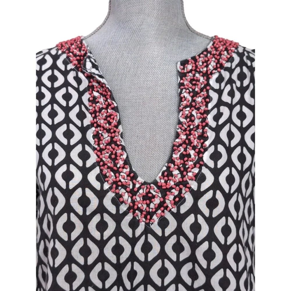 Echo Cover Up Dress‎ Womens M Black White Beaded V-Neck